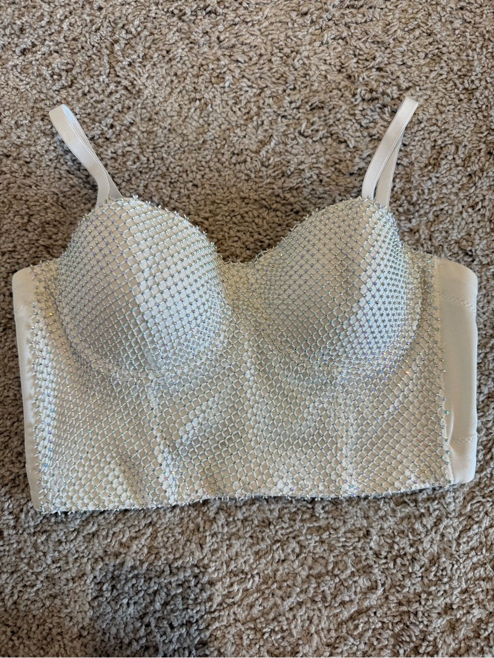 SHEIN White Crystal Mesh Longline Bustier Bra